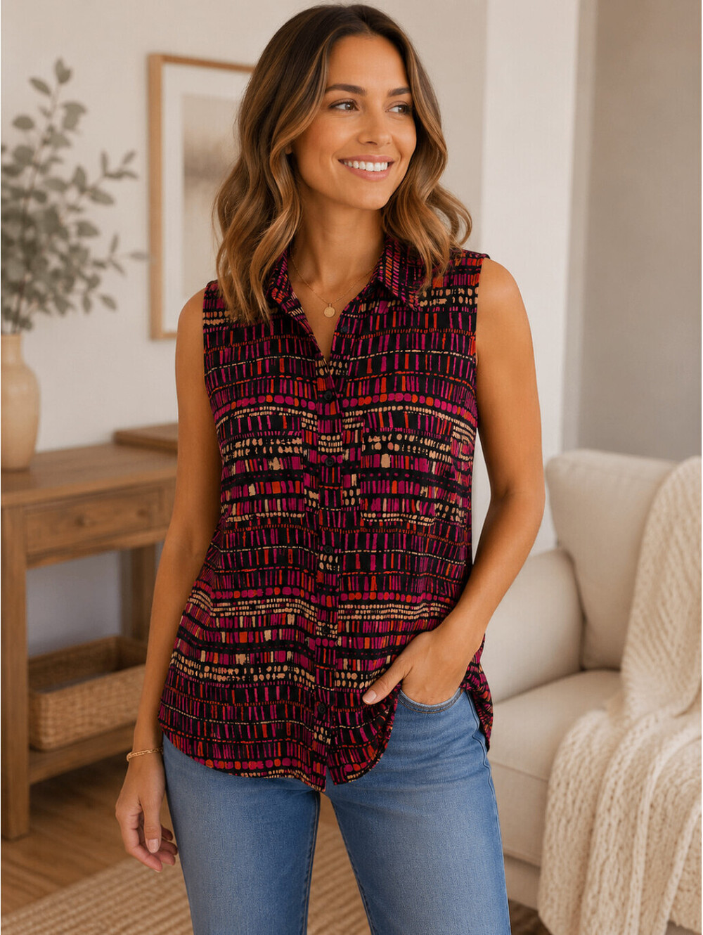 APT. 9 Womens XS Sleeveless Button-Up Blouse Top Black Fuchsia Abstract Pattern